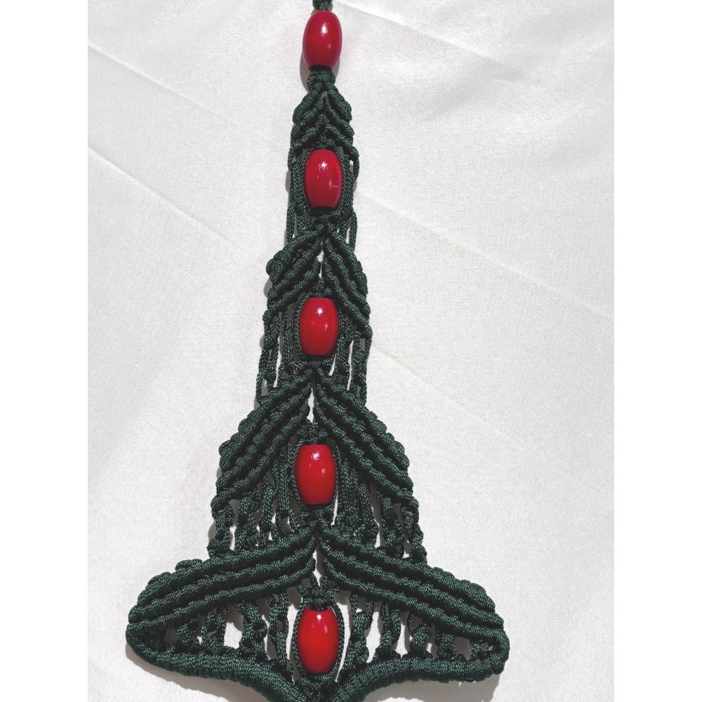Vintage Macrame Christmas Tree Wall Hanging Dark Green Red Beads Tassel 25" Boho